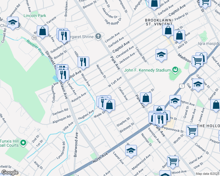 map of restaurants, bars, coffee shops, grocery stores, and more near 622 West Taft Avenue in Bridgeport