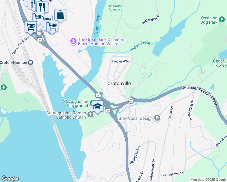 map of restaurants, bars, coffee shops, grocery stores, and more near 27 Old Albany Post Road in Ossining