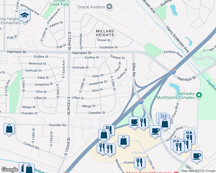 map of restaurants, bars, coffee shops, grocery stores, and more near 12819 Josephine Street in Omaha