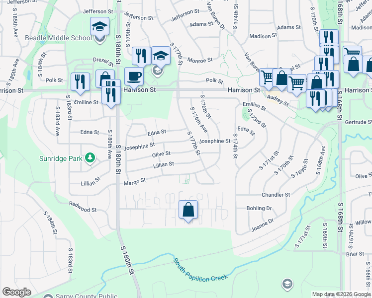 map of restaurants, bars, coffee shops, grocery stores, and more near 17718 Olive Street in Omaha