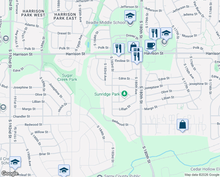map of restaurants, bars, coffee shops, grocery stores, and more near 7302 South 183rd Street in Omaha