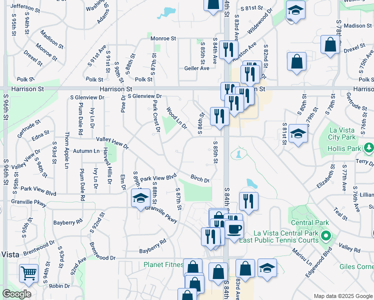 map of restaurants, bars, coffee shops, grocery stores, and more near 8621 Park View Boulevard in La Vista