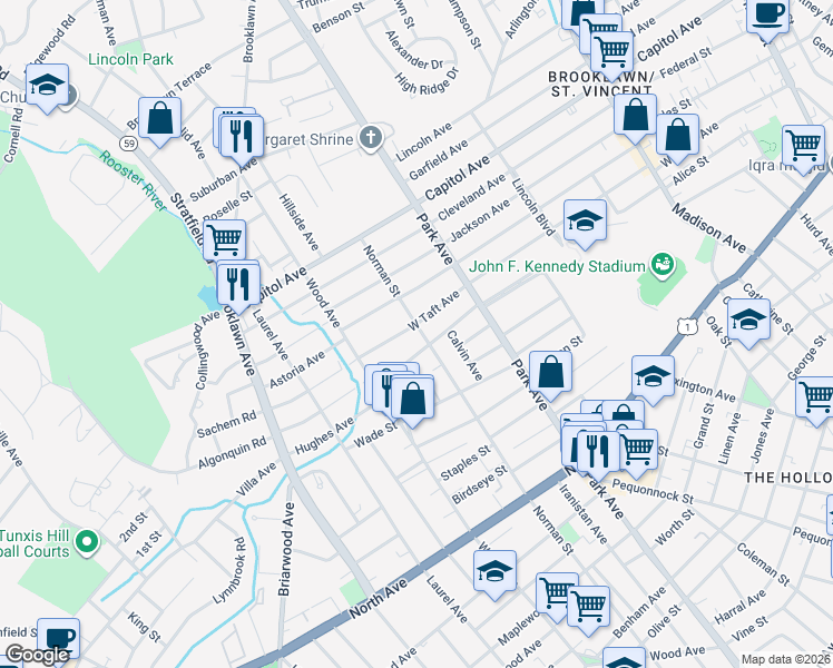 map of restaurants, bars, coffee shops, grocery stores, and more near 622 West Taft Avenue in Bridgeport