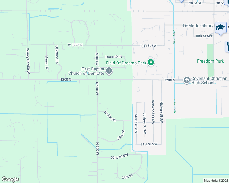 map of restaurants, bars, coffee shops, grocery stores, and more near 11931 County Road 900 in De Motte