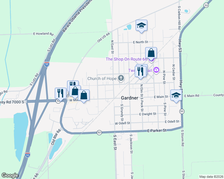 map of restaurants, bars, coffee shops, grocery stores, and more near 111 North East Street in Gardner