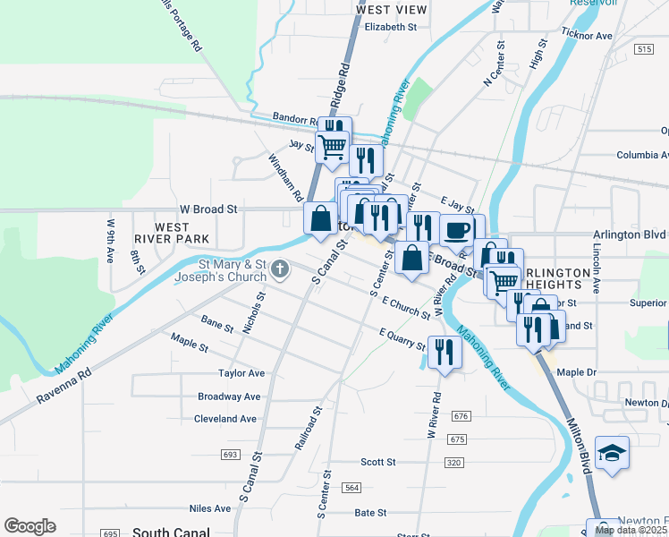 map of restaurants, bars, coffee shops, grocery stores, and more near 115 South Canal Street in Newton Falls