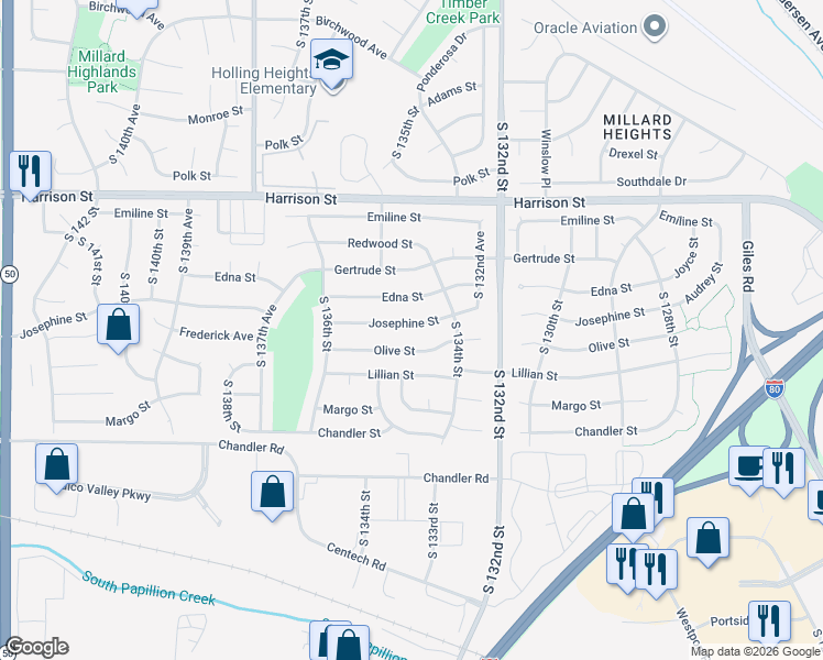 map of restaurants, bars, coffee shops, grocery stores, and more near 13427 Josephine Street in Omaha