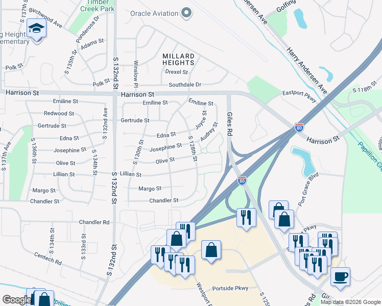 map of restaurants, bars, coffee shops, grocery stores, and more near 7311 South 128th Street in Omaha