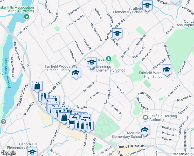 map of restaurants, bars, coffee shops, grocery stores, and more near 31 Palm Drive in Fairfield