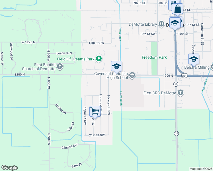 map of restaurants, bars, coffee shops, grocery stores, and more near 1529 Hickory Street Southwest in De Motte