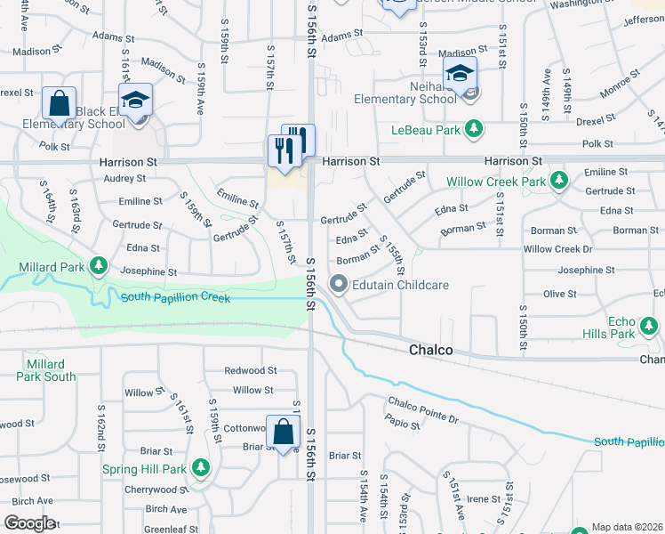 map of restaurants, bars, coffee shops, grocery stores, and more near 15553 Borman Street in Omaha