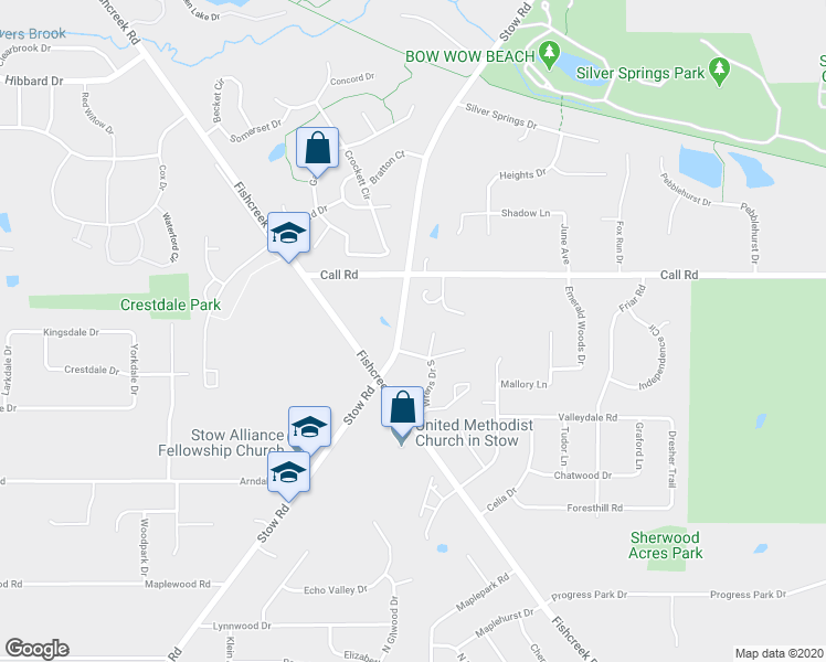 map of restaurants, bars, coffee shops, grocery stores, and more near 4625 Stow Road in Stow