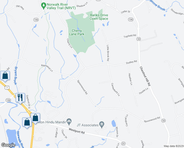 map of restaurants, bars, coffee shops, grocery stores, and more near 149 Dudley Road in Wilton