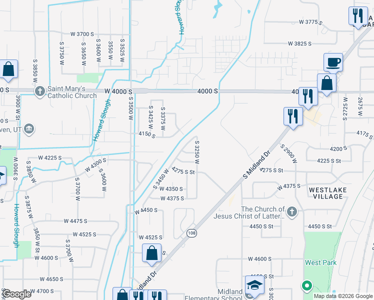 map of restaurants, bars, coffee shops, grocery stores, and more near 3384 West 4225 South in West Haven