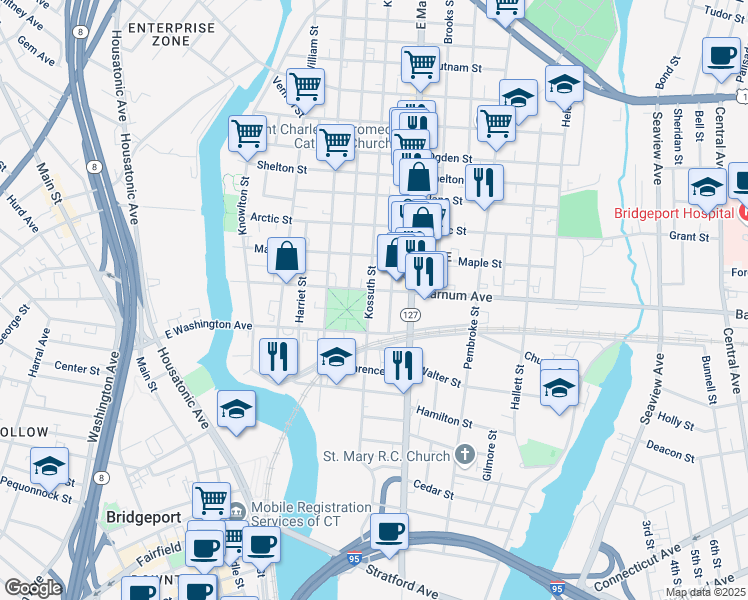 map of restaurants, bars, coffee shops, grocery stores, and more near 378 Barnum Avenue in Bridgeport