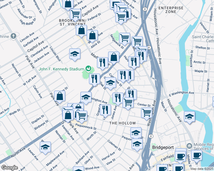 map of restaurants, bars, coffee shops, grocery stores, and more near 376 Center Street in Bridgeport
