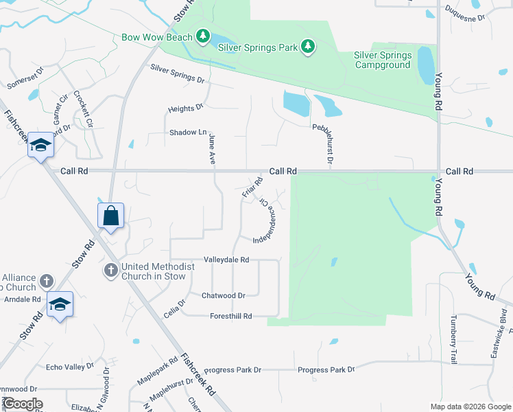 map of restaurants, bars, coffee shops, grocery stores, and more near 4931 Friar Road in Stow