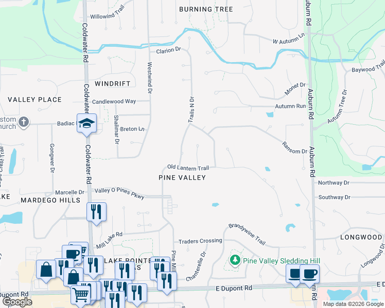 map of restaurants, bars, coffee shops, grocery stores, and more near 11117 Lantern Lane in Fort Wayne