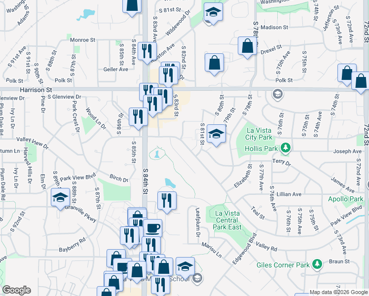 map of restaurants, bars, coffee shops, grocery stores, and more near 8123 Park View Boulevard in La Vista