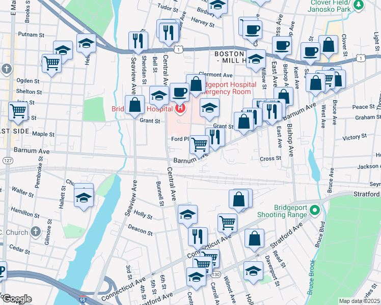map of restaurants, bars, coffee shops, grocery stores, and more near 38 Mill Hill Avenue in Bridgeport