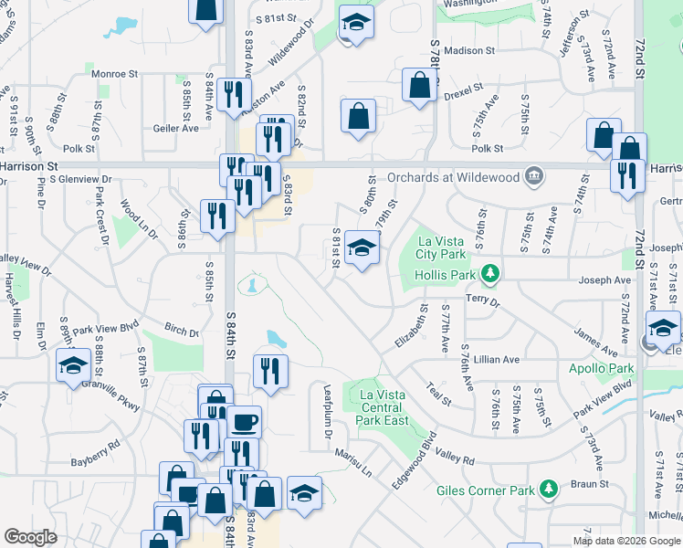 map of restaurants, bars, coffee shops, grocery stores, and more near 7219 South 81st Street in La Vista