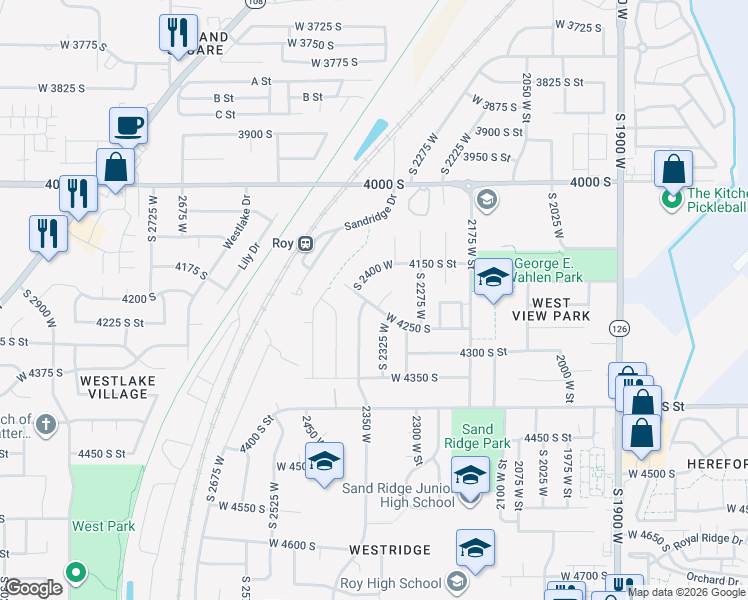 map of restaurants, bars, coffee shops, grocery stores, and more near 2340 West 4250 South in Roy