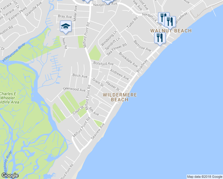 map of restaurants, bars, coffee shops, grocery stores, and more near 35 Grant St in Milford