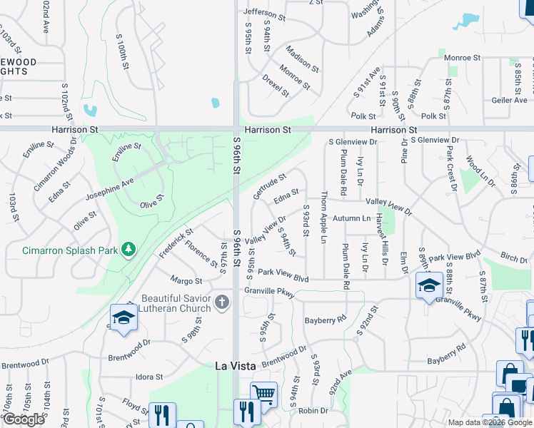 map of restaurants, bars, coffee shops, grocery stores, and more near 7226 South 94th Street in La Vista