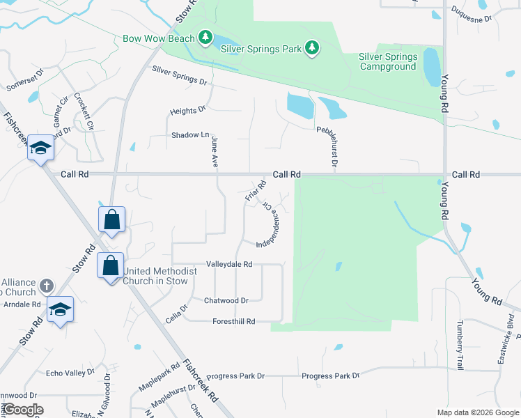 map of restaurants, bars, coffee shops, grocery stores, and more near 4931 Friar Road in Stow