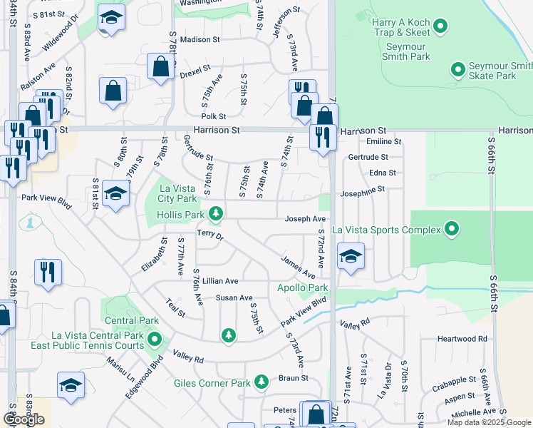 map of restaurants, bars, coffee shops, grocery stores, and more near 7319 South 74th Street in La Vista