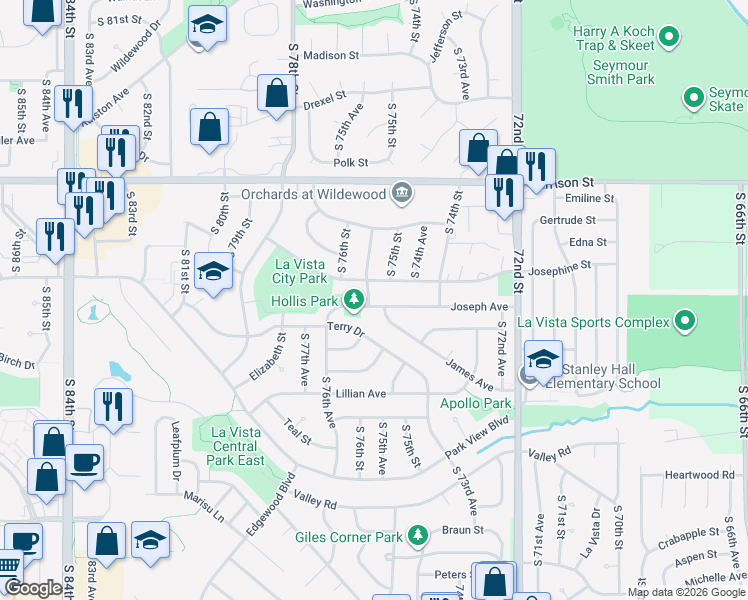map of restaurants, bars, coffee shops, grocery stores, and more near 7319 South 75th Avenue in La Vista