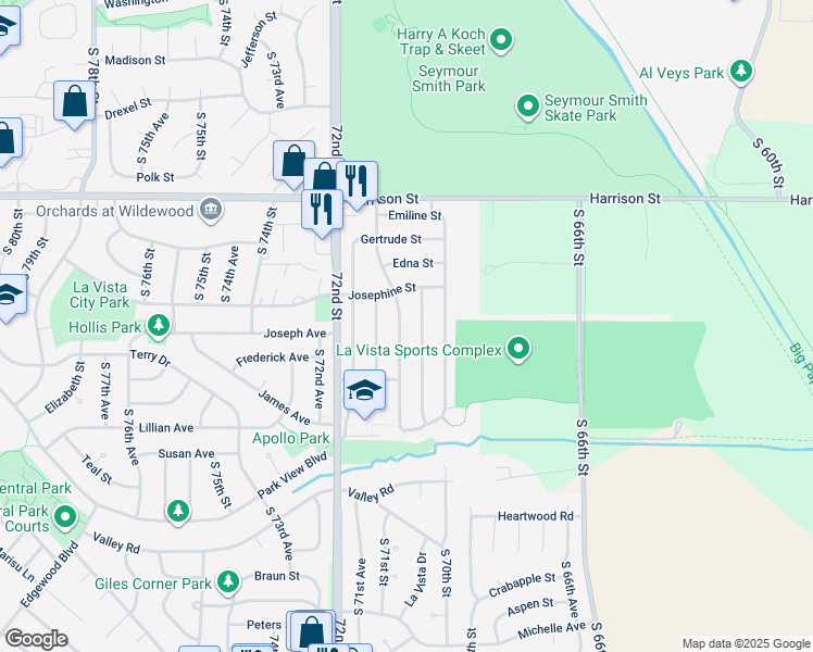 map of restaurants, bars, coffee shops, grocery stores, and more near 7323 La Vista Drive in La Vista