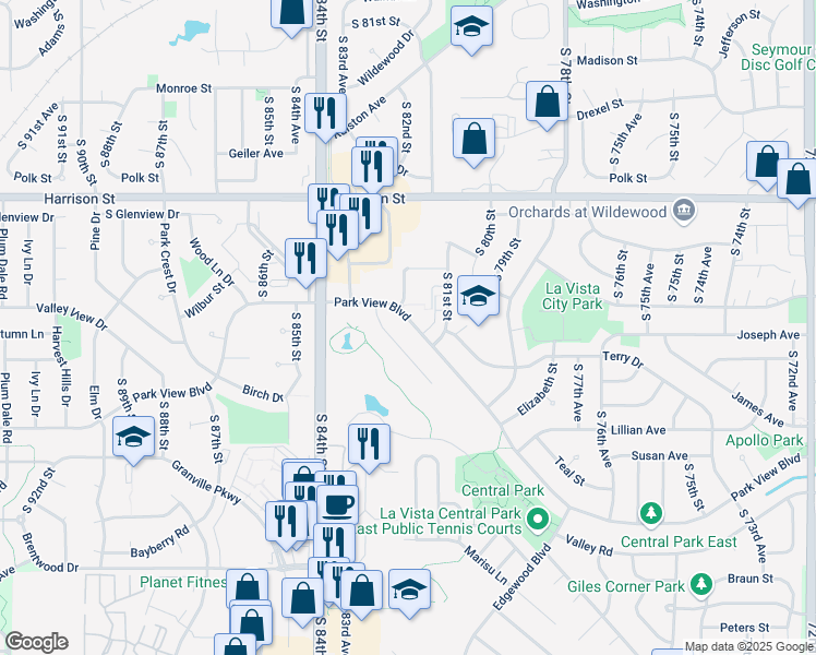 map of restaurants, bars, coffee shops, grocery stores, and more near 8125 Park View Boulevard in La Vista
