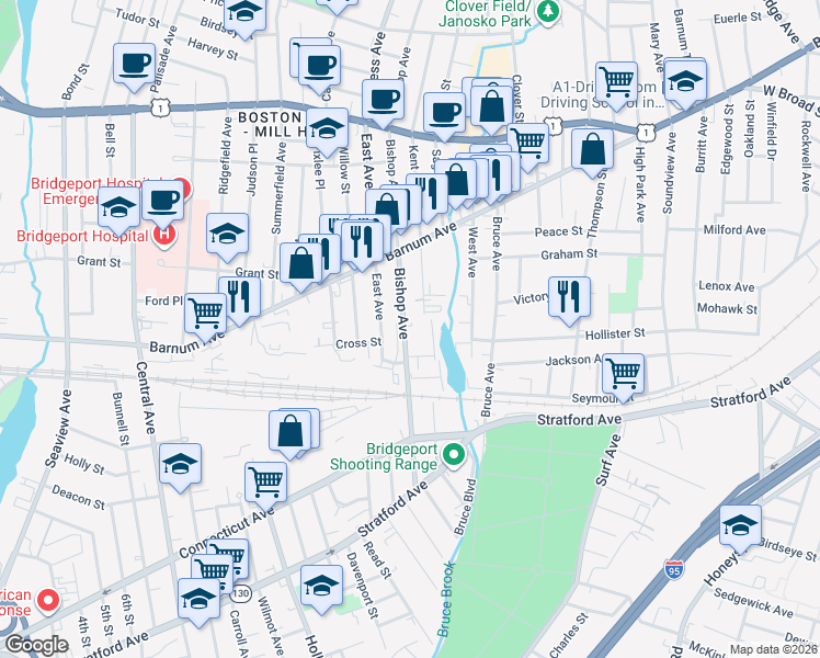 map of restaurants, bars, coffee shops, grocery stores, and more near 350 Bishop Avenue in Bridgeport