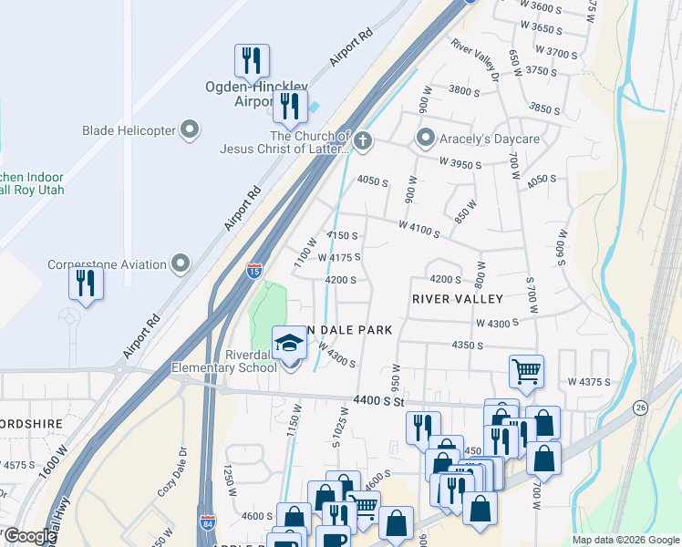 map of restaurants, bars, coffee shops, grocery stores, and more near 1036 4200 South in Riverdale