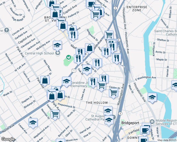 map of restaurants, bars, coffee shops, grocery stores, and more near 376 Center Street in Bridgeport