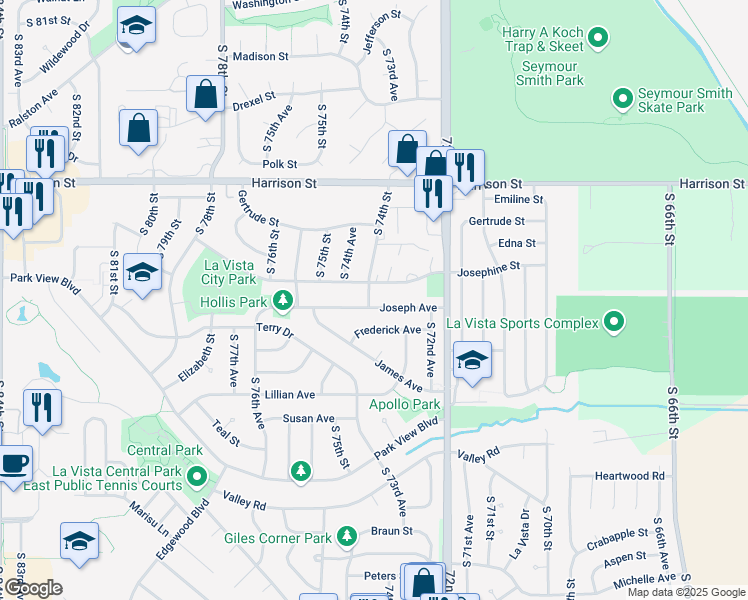 map of restaurants, bars, coffee shops, grocery stores, and more near 7319 South 74th Street in La Vista