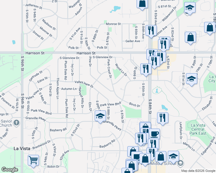 map of restaurants, bars, coffee shops, grocery stores, and more near 8812 Pine Drive in La Vista