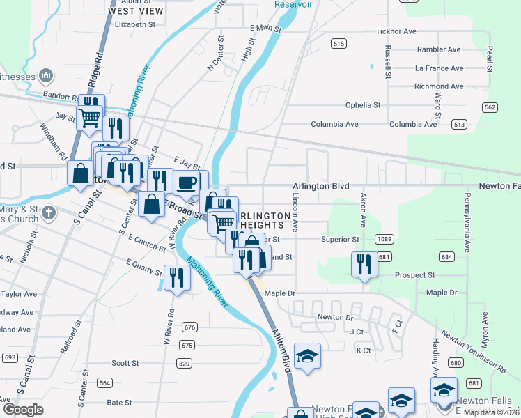 map of restaurants, bars, coffee shops, grocery stores, and more near 252 Oak Knoll Street in Newton Falls