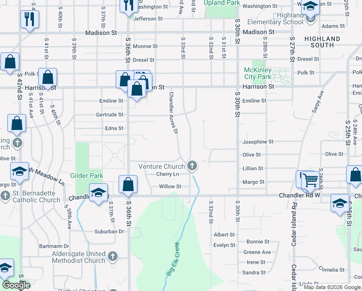 map of restaurants, bars, coffee shops, grocery stores, and more near 7305 Chandler Acres Drive in Bellevue