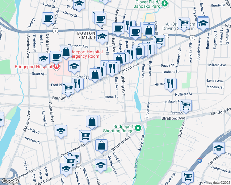 map of restaurants, bars, coffee shops, grocery stores, and more near 75 East Avenue in Bridgeport