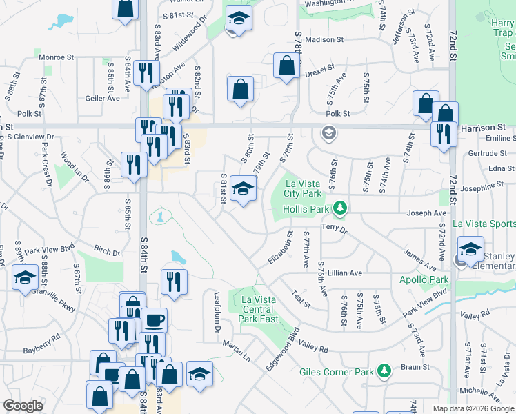 map of restaurants, bars, coffee shops, grocery stores, and more near 7210 South 78th Street in La Vista