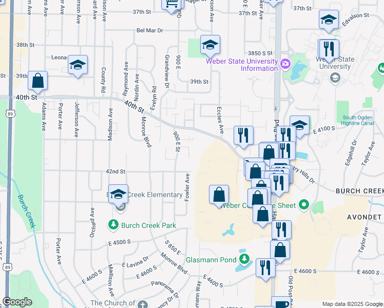 map of restaurants, bars, coffee shops, grocery stores, and more near 4128 South 950 East in Ogden