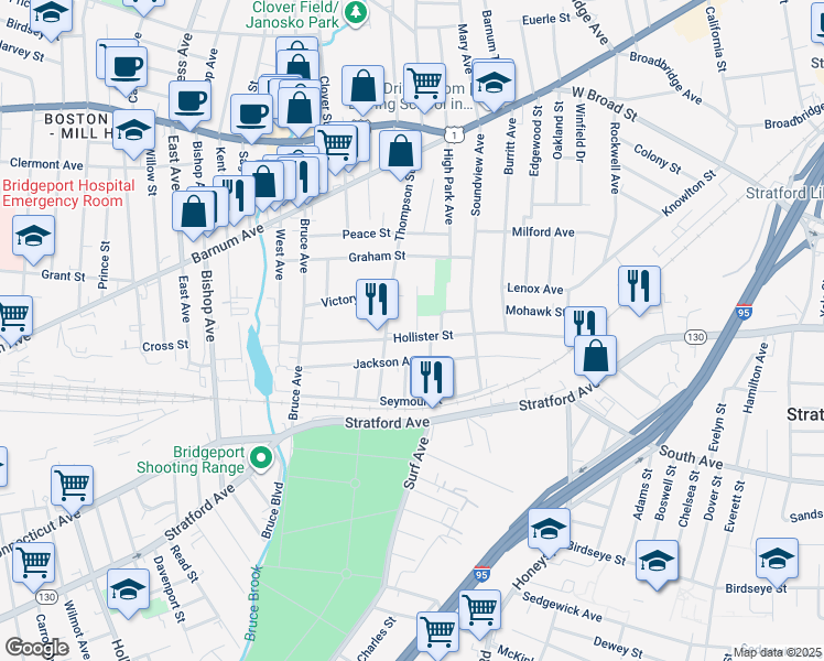 map of restaurants, bars, coffee shops, grocery stores, and more near 330 Hollister Street in Stratford