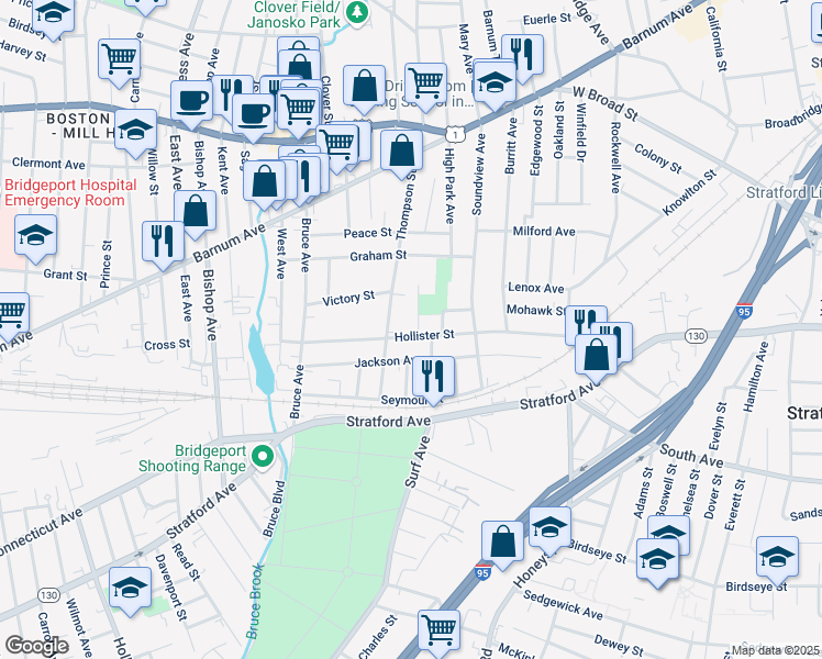 map of restaurants, bars, coffee shops, grocery stores, and more near 330 Hollister Street in Stratford