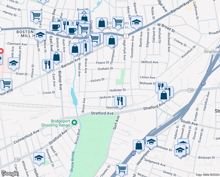 map of restaurants, bars, coffee shops, grocery stores, and more near 404 Hollister Street in Stratford