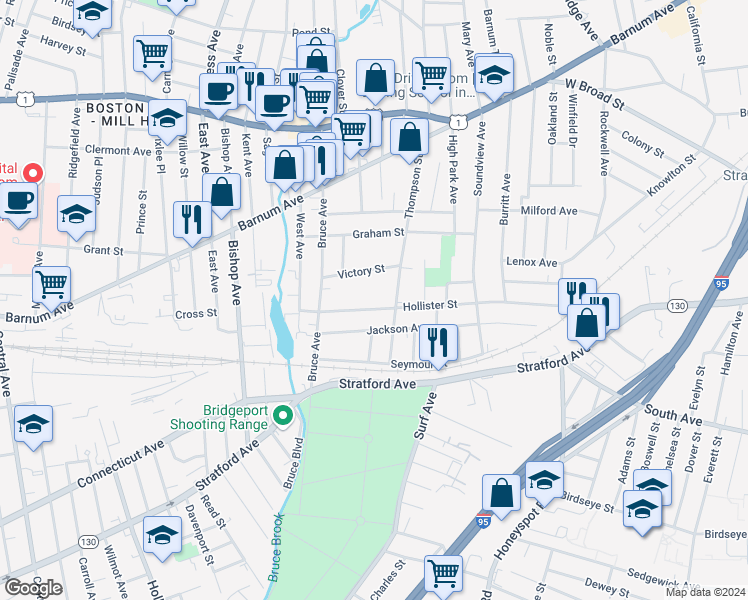 map of restaurants, bars, coffee shops, grocery stores, and more near 404 Hollister Street in Stratford
