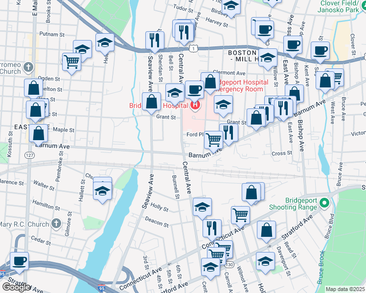 map of restaurants, bars, coffee shops, grocery stores, and more near 1466 Central Avenue in Bridgeport