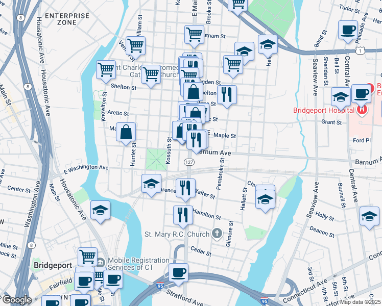 map of restaurants, bars, coffee shops, grocery stores, and more near in Bridgeport