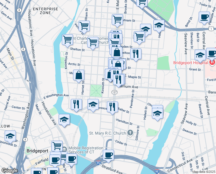 map of restaurants, bars, coffee shops, grocery stores, and more near 378 Barnum Avenue in Bridgeport